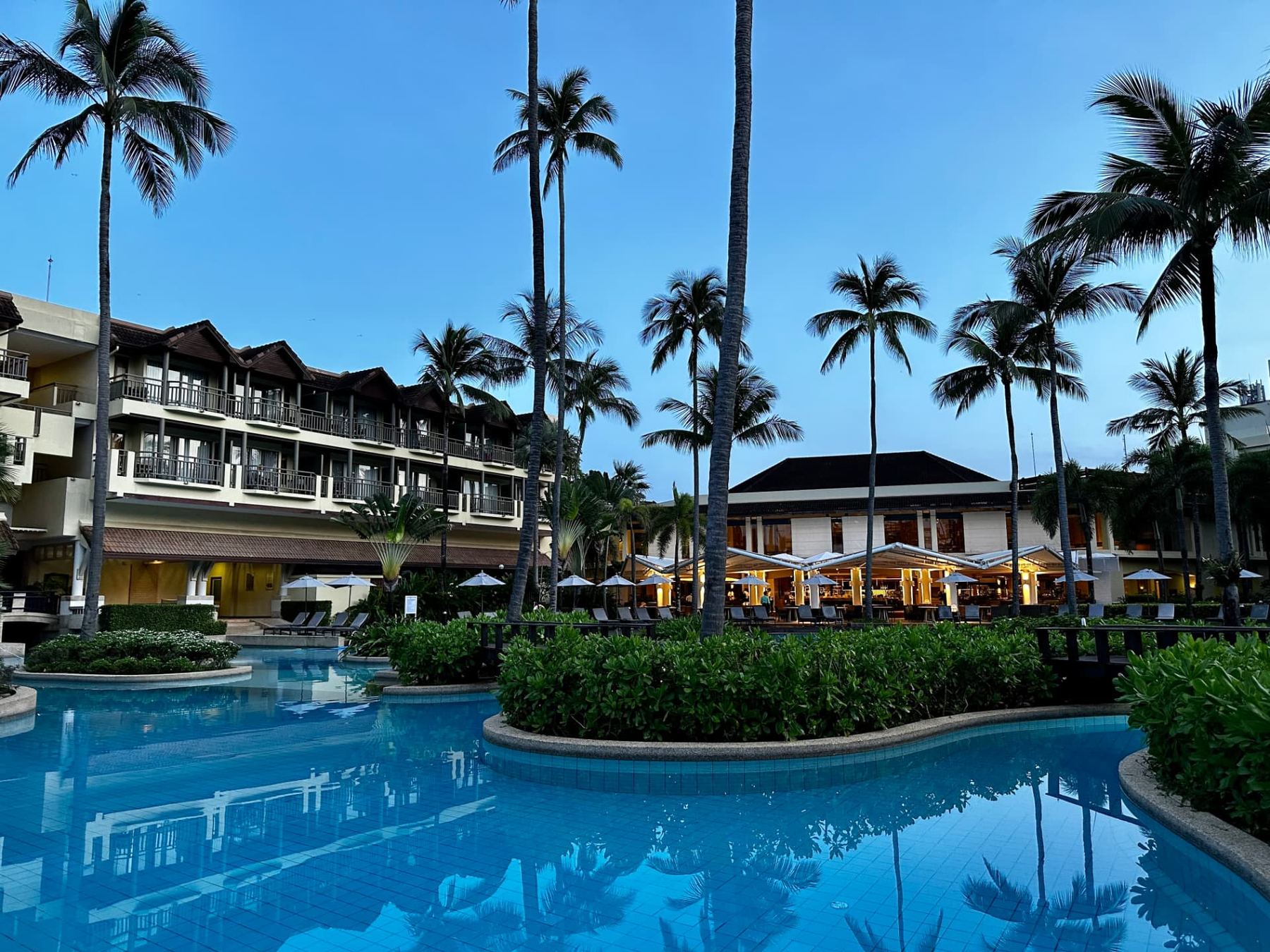 Palm-lined resort pool at blue hour in Phuket, Thailand