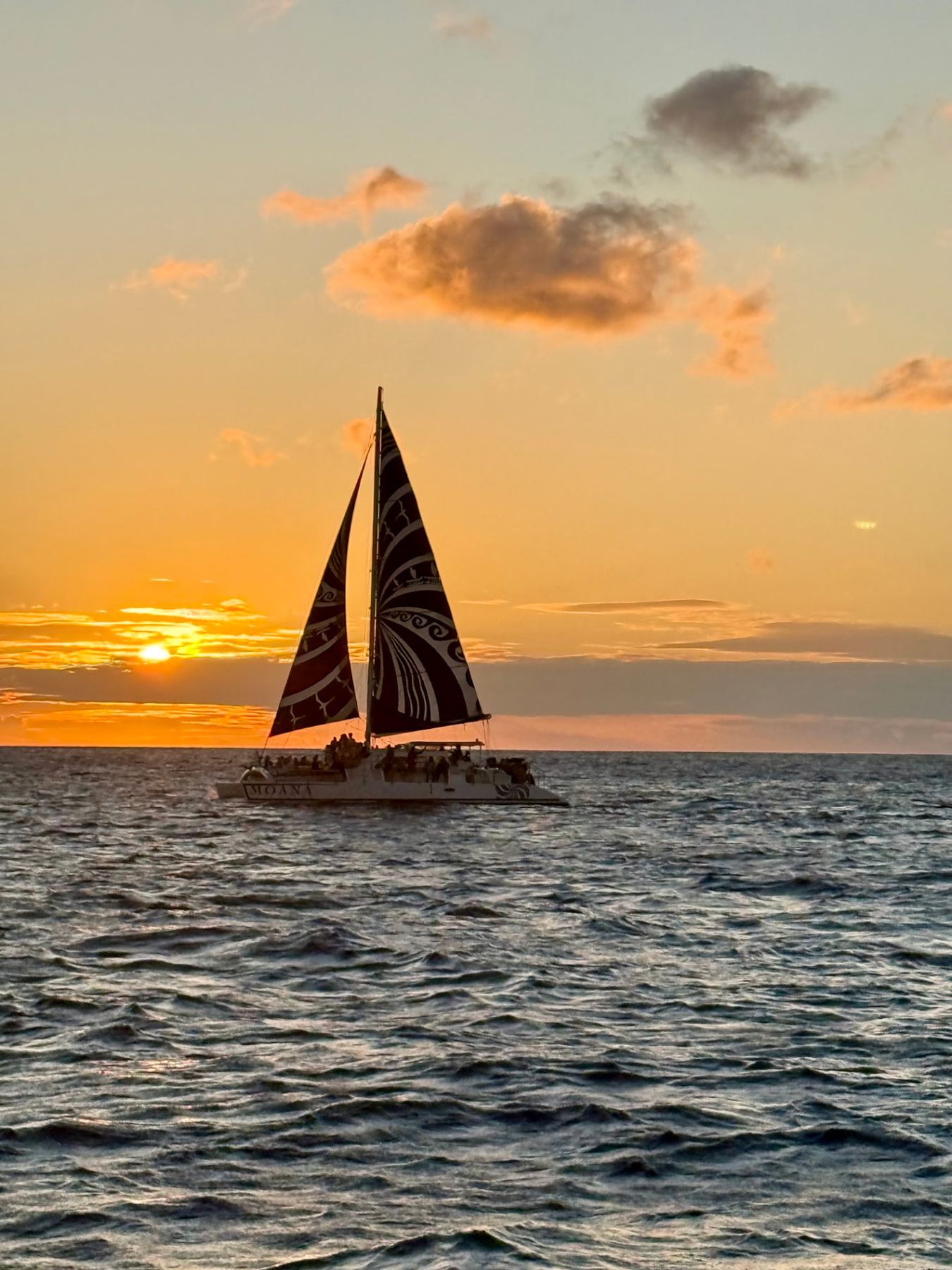 Catamaran under patterned sails at sunset off Honolulu