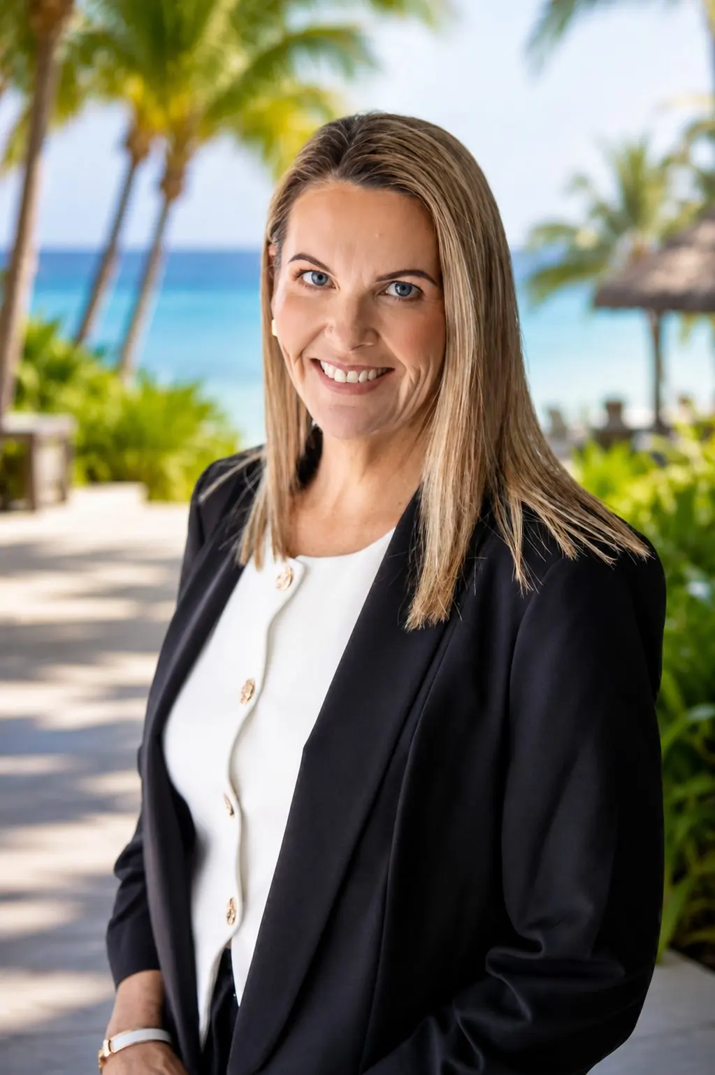 Belinda Hackett on a white sand Fijian beach