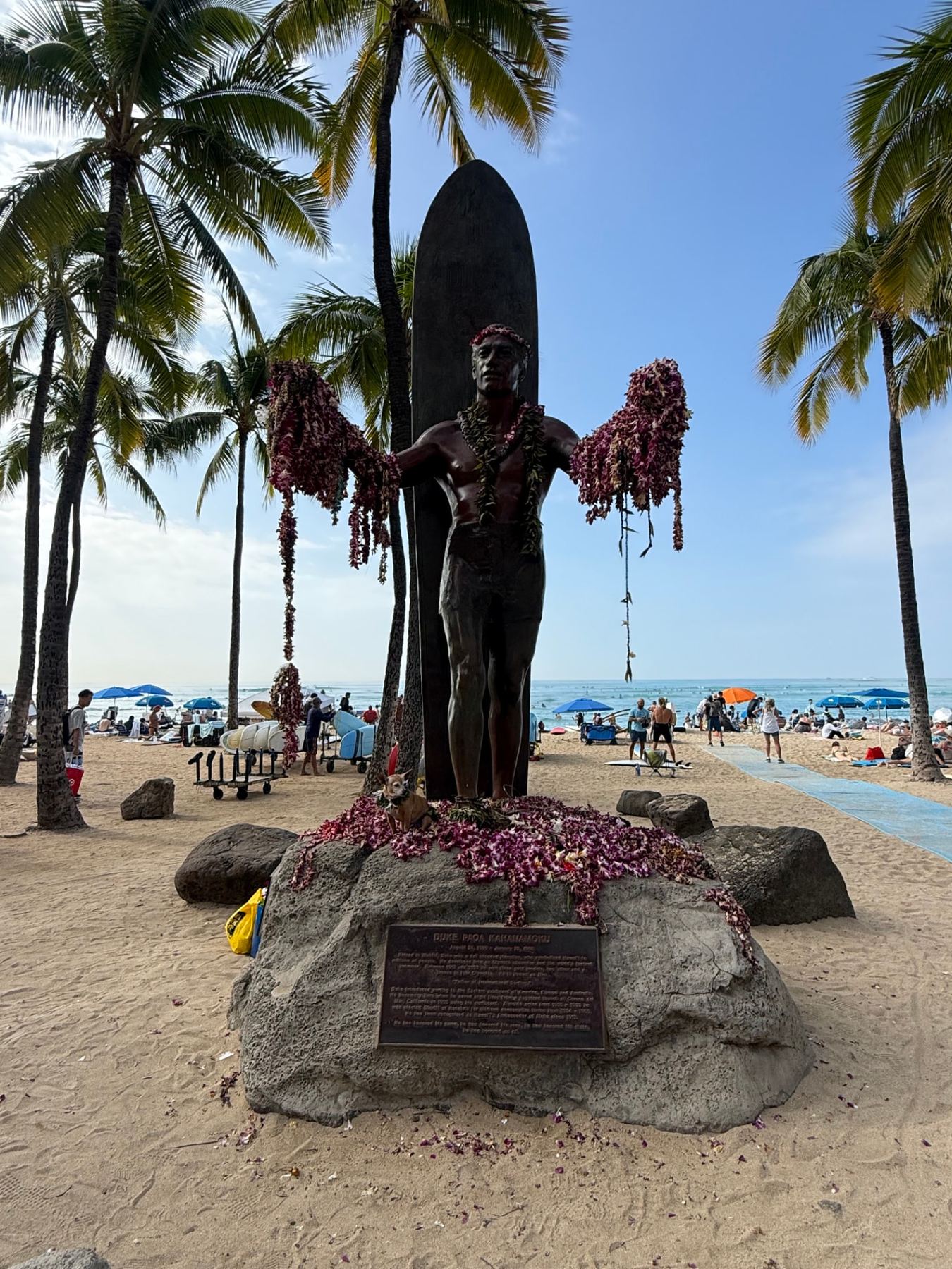 The lei-draped Duke Kahanamoku statue on Waikiki Beach